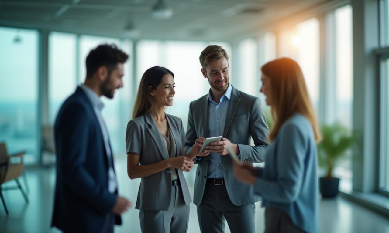 Equipe de consultores trabalhando em um escritório moderno, simbolizando estratégia e execução empresarial.