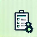 Ícone de prancheta com checklist e engrenagens, representando gestão de projetos.
