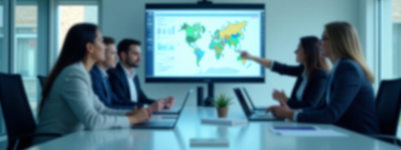 Empresários em reunião discutindo soluções estratégicas, com gráficos e notebooks ao fundo.