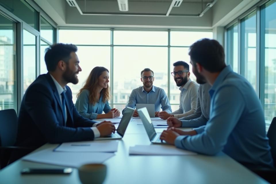Visão geral da Navegar Consultoria, equipe trabalhando em conjunto em um escritório moderno