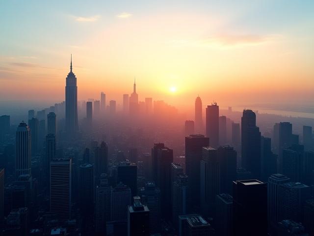 Visão panorâmica de uma cidade moderna ao nascer do sol, simbolizando visão de futuro e crescimento empresarial